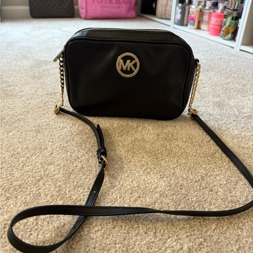 Michael Kors Black Leather Crossbody Bag with Gold Logo